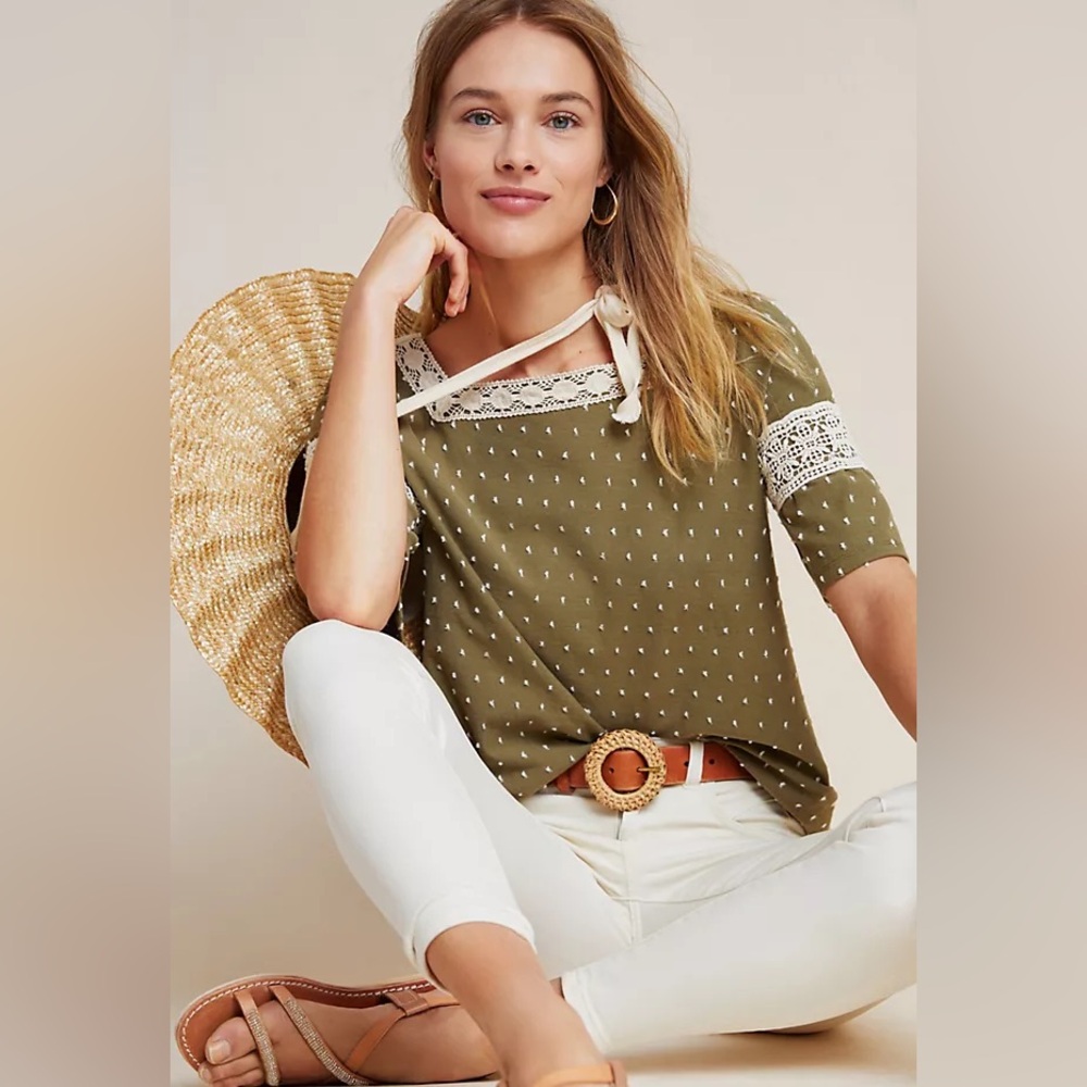 Anthropologie Maeve Lace Trim Blouse Olive Square Neck Cottagecore Boho Top S